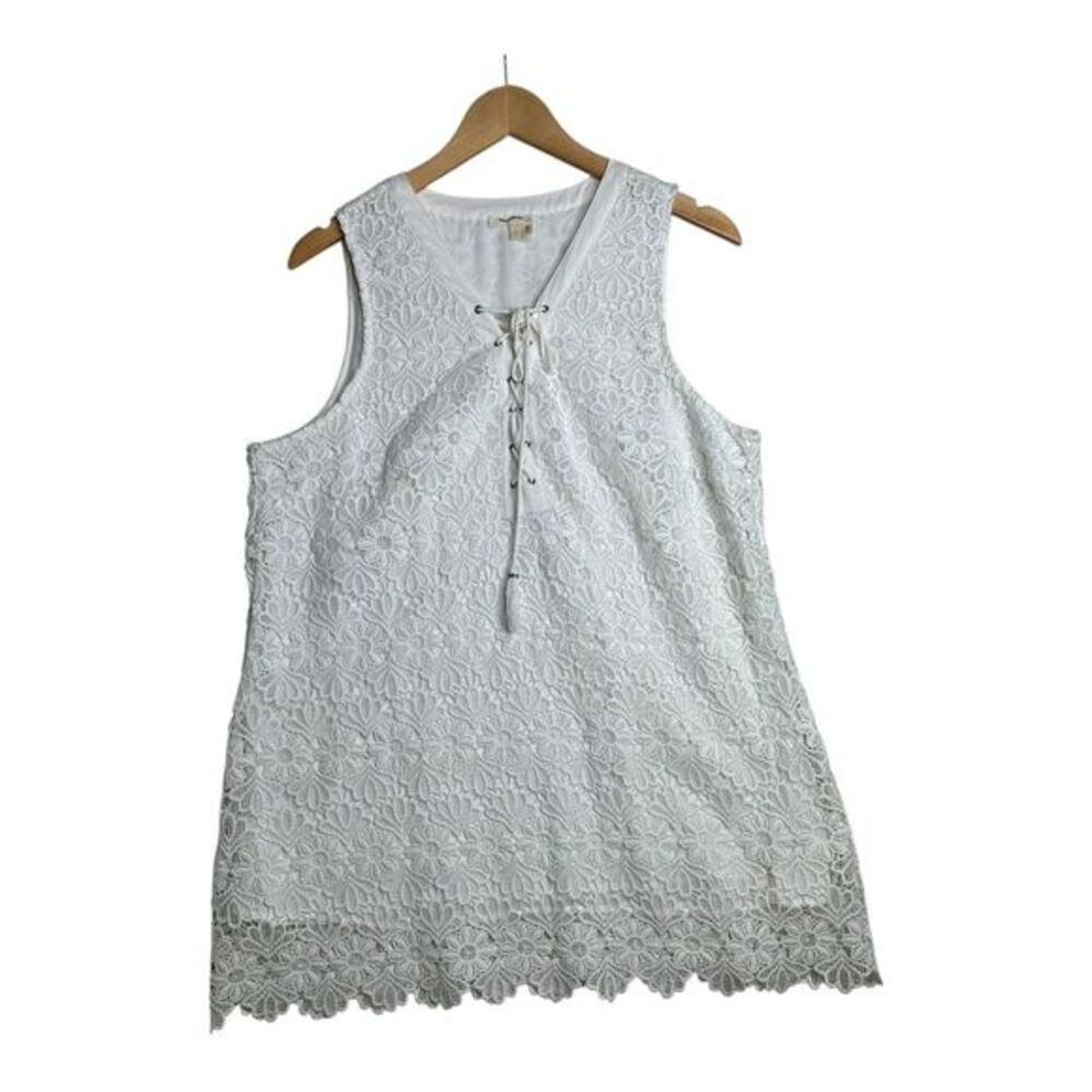 Anthropologie Meadow Rue Floral Embroidered Milagros Lace Tunic size Large White